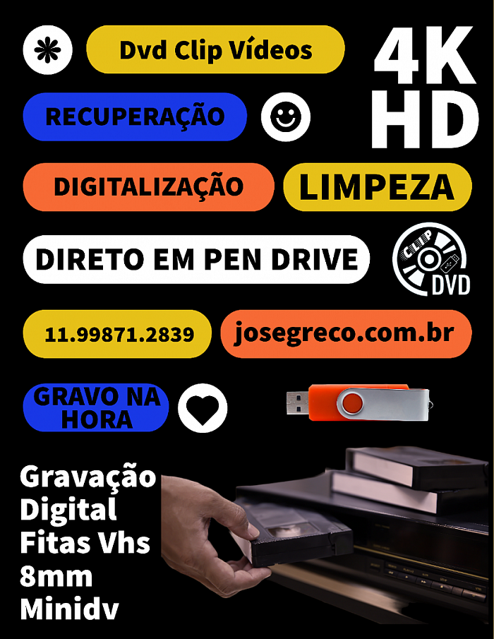 Gravação de fitas VHS, VHS-c, 8mm, Hi8, Video8, Minidv, MicroDv em arquivo de vídeo MP4 em alta qualidade . A digitalização é feita com placa de captura profissional, conexão com cabo HDMI e finalização direta em pendrive ou HD externo.